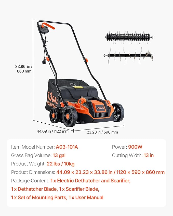 VEVOR 2-in-1 Electric Dethatcher and Scarifier, 13-Inch 13 Amp, Corded Lawn Dethatcher with 13-Gallon Thatch Collection Bag, 5-Position Depth Adjustment, Walk Behind Machine for Garden Yard Grass