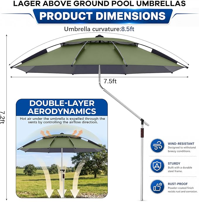 Thinkday Above Ground Pool Umbrellas Adjustable Outdoor Swimming Pool Umbrella for Patio Garden Standing Canopy Must Have Summer Accessories