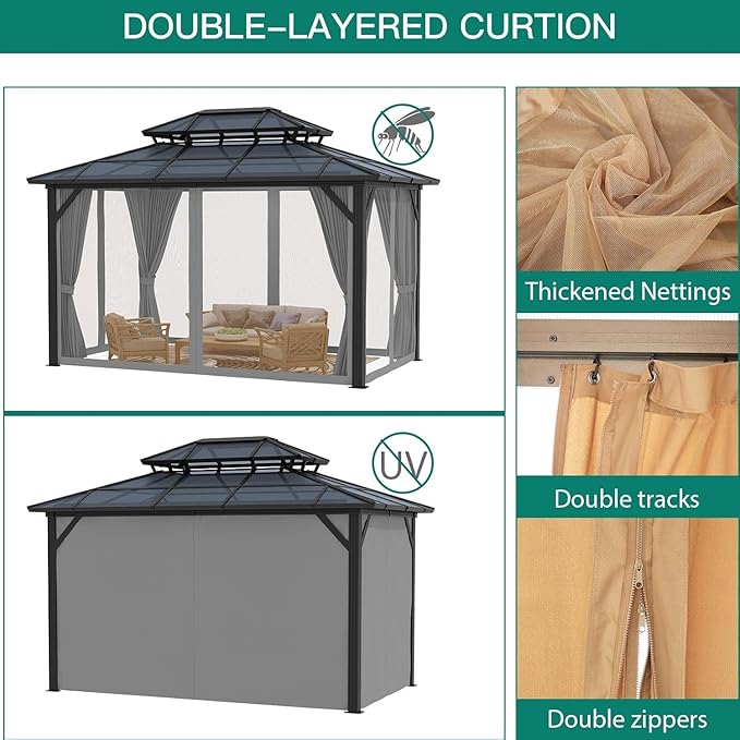 GAOMON 10'x13' Hardtop Gazebo, Outdoor Polycarbonate Double Roof Canopy, Aluminum Frame Permanent Pavilion with Curtains and Netting, Sunshade for Garden, Patio, Lawns, Gray