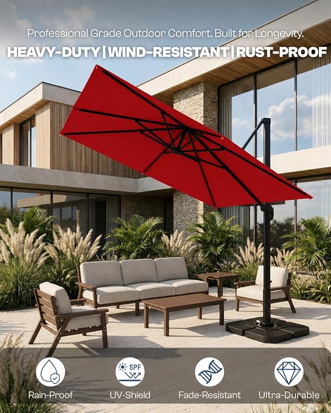 9x9 FT Square Cantilever Umbrella,Easy Tilt, Fade Resistant & 360° Rotation, Offset for Pool Deck Backyard Patiored (Base not Included)
