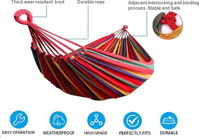 Single Person Rainbow Cotton Fabric Canvas Travel Hammocks 500lbs Ultralight Camping Hammock Portable Beach Swing Bed with Carrying Bag for Outdoors and Indoors