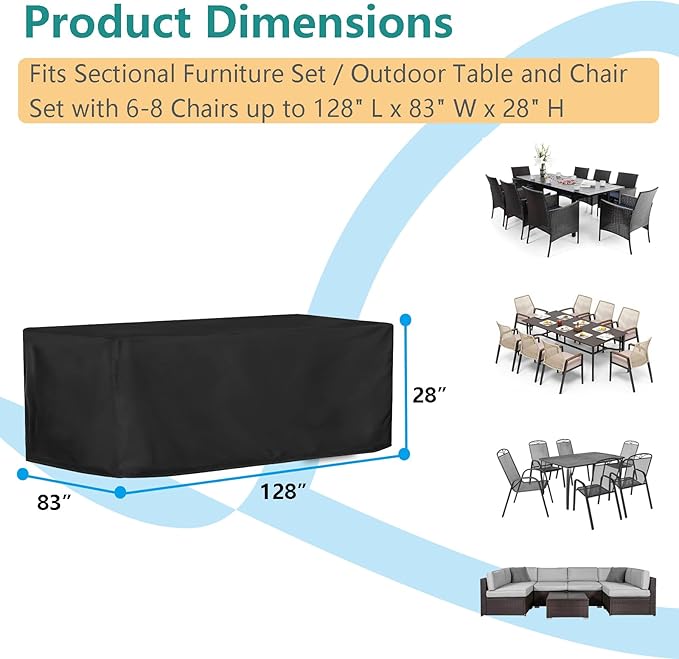 Patio Dining Table Sets Cover, Outdoor Dining Furniture Set Cover for Table with 6-8 Chairs, Patio Furniture Set Cover for Outdoor Sectional Sofa, Waterproof and Windproof, 138" L x 86" W x 28" H