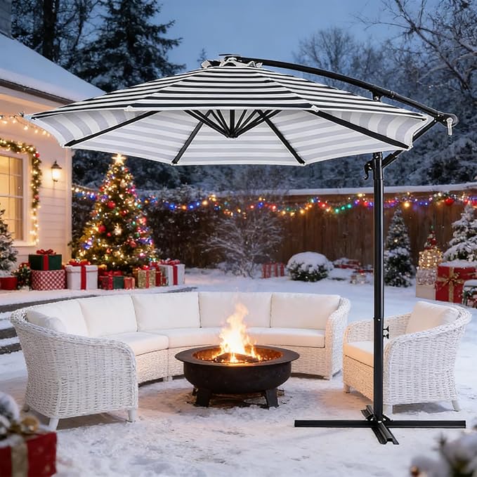 10ft Offset Hanging Market Patio Umbrella w/Cross Base, Outdoor Large Round Aluminum Cantilever Umbrella w/Easy Tilt Adjustment, Fade Resistant Waterproof 8 Ribs Canopy, for Yard, Garden & Dec