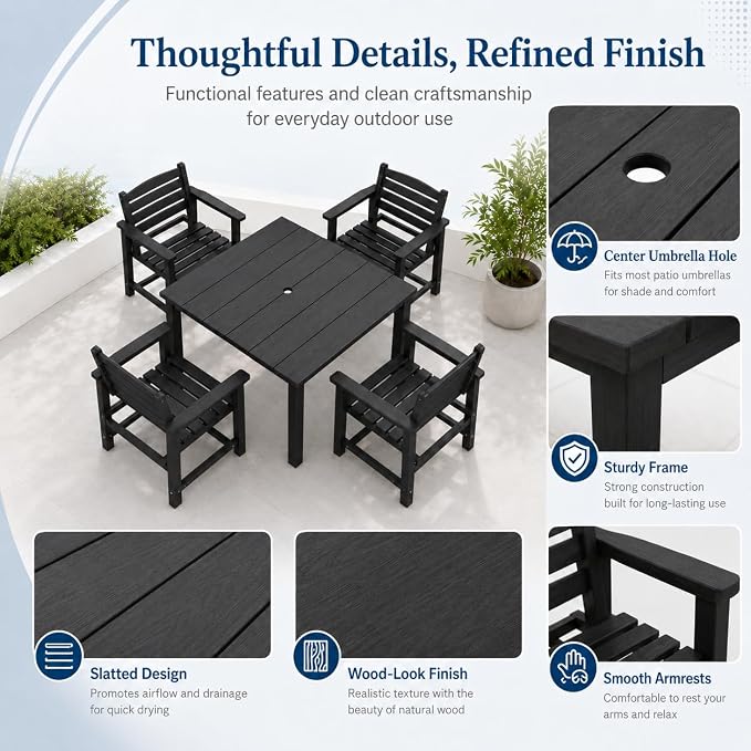 HDPE Outdoor Dining Set for 6, Modular Tables & 6 Armchairs | • Expandable 2-Table Combo • Dual 2" Umbrella Openings • 410 lbs High Weight Limit • All-Weather Polywood