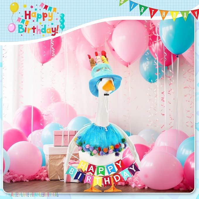 Abbylike 4 Pcs Happy Birthday Porch Goose Outfit for 23" Statues Poseable Porch Goose Wings Birthday Cake Hat for Lawn Patio Outdoor Geese Statue Decoration Accessories(Blue,Gauze Skirt Style)
