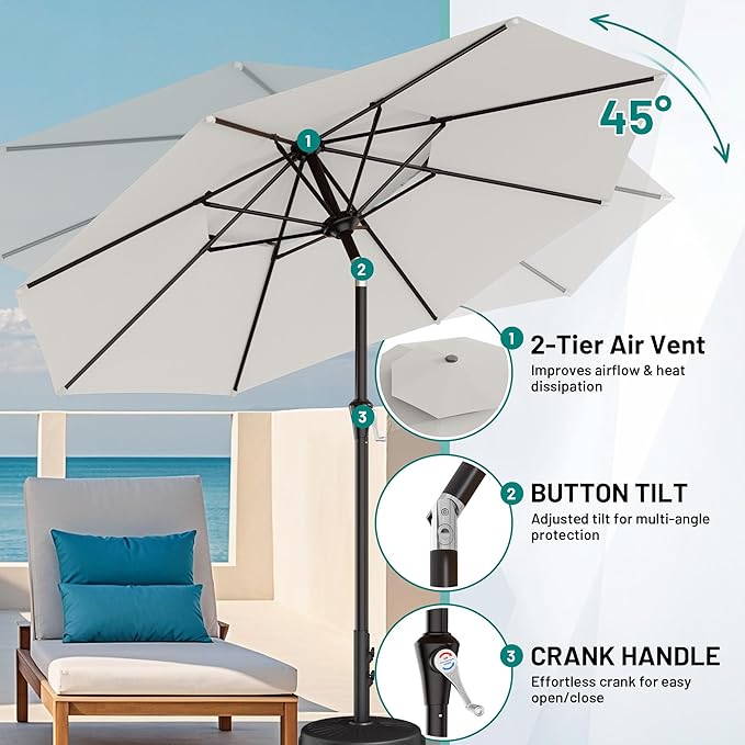 AreShark 9ft 2 Tiers Patio Umbrella - Outdoor Umbrella Waterproof UV Protection, Market Table Umbrella w/Push Button Tilt&Crank for Pool, Porch, Garden(Ivory)
