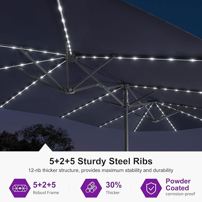 PURPLE LEAF 13ft Double-Sided Patio Umbrella with Solar Lights Outdoor Market Umbrella with Base and Crank Handle Table Umbrella for Backyard Pool Garden Deck, Navy blue