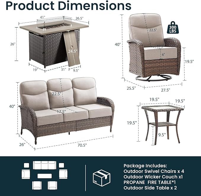High Back Luxury Patio Furniture Set with 41"Fire Pit Table, 6-Inch Cushion Swivel Rocker Patio Chairs Set of 4 with Outdoor Couch, 8 Piece Wicker Conversation Set for Deck Yard Garden Balcony