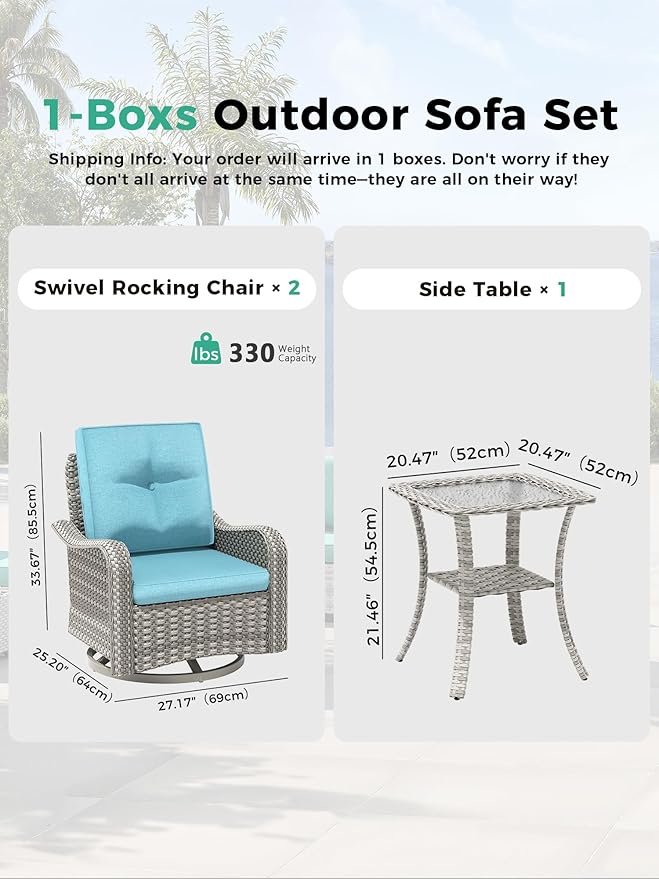 3 Piece Outdoor Wicker Patio Furniture Set,High Back Swivel Rocker Patio Chairs with 4" Thickened Cushions & Side Table, All-Weather PE Rattan for Garden, Backyard, Porch, Turquoise
