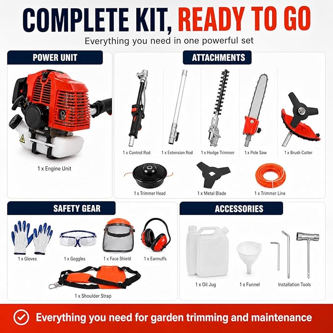 5 in 1 Weed Eater Gas Powered, 52CC 2 Stroke Hegde Trimmer, Weed Wacker,String Trimmer, Heavy Duty Brush Cutter, Pole Saw with Extension Pole, Multi Functional Trimming Tools for Lawn Care