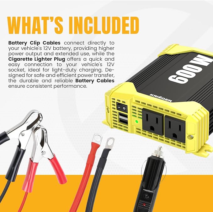 K KRIËGER 600 Watt Power Inverters for Vehicles, 12V to 110V, Car Charger with Plug Outlet, Modified Sine Wave, 2 AC Outlets, USB Ports, Cigarette Lighter & Clamps - ETL Approved Under UL STD 458