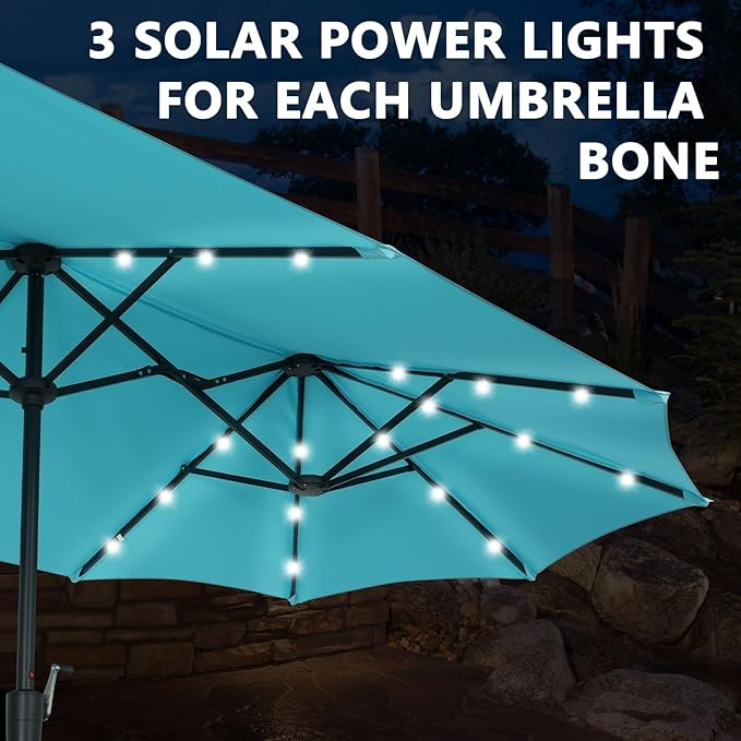 13Ft Large Patio Umbrella with Base Outdoor Double-Sided Market Extra Large Table Umbrella With Solar Lights Easy Crank for Yard, Poolside, Deck-Blue