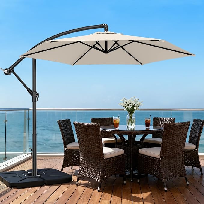AreShark 10FT Patio Outdoor Umbrella, Offset Patio Umbrella Cantilever Umbrella, 6 Sturdy Ribs, Easy Adjustment for Garden Market Pool with Cross Base (Cream White)