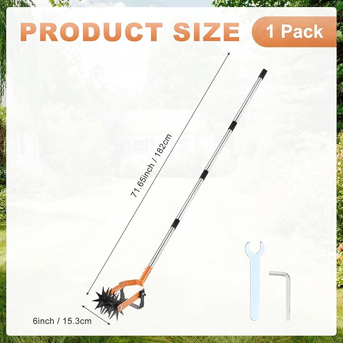 M METERXITY 2-in-1 Rotary Cultivator Tool, 72 Inch Adjustable Garden Hand Tiller with Star-Shaped Rolling Tines, Weeder & Soil Aerator for Loosening Mixing Soil/Lawn Care/Reseeding Grass