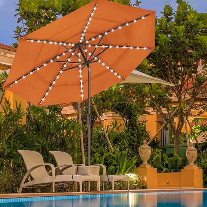 EliteShade USA 10-Year-Non-Fading 9ft 3-Tier Market Patio Umbrella, Commercial Table Umbrella with 80 Solar LED Lights, Crank Open, Windproof & UPF 50+ UV Protection for Garden, Deck, Pool, Backyard, Rust