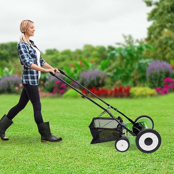 Push Lawn Sweeper, Manual Push Reel Lawn Mower with Collection Bag, 5 Blades,Outdoor Lawn Dethatcher Tools for Picking up Leaves,Grass and Debris ﻿ (16 inch)
