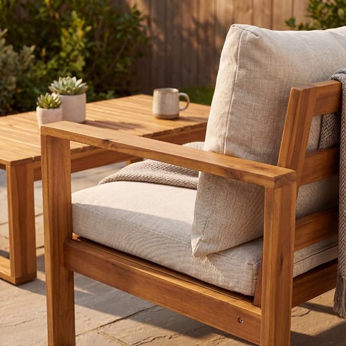 5-Piece Patio Furniture Set, Outdoor Conversation Set with Acacia Wood, Coffee Table and Ottoman, All-Weather Cushions for Backyard, Garden and Poolside(D-Beige)