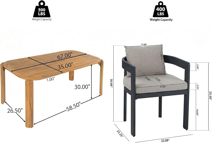 Christopher Knight Home Kaja Acacia Wood Outdoor Dining Set for 6, 7 Piece Patio Dining Table and Chair Set, Aluminum Outdoor Dining Chair and Table Set with Removable Cushion, Teak+Gray+Dark Gray