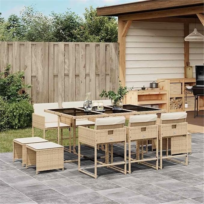 Afuera Living Outdoor Patio Dining Set, 11 Piece, Rattan Construction, Beige Finish, Includes Table with Tempered Glass Top, Chairs and Cushions, Foldable and UV-Resistant, Seats 10, Garden or