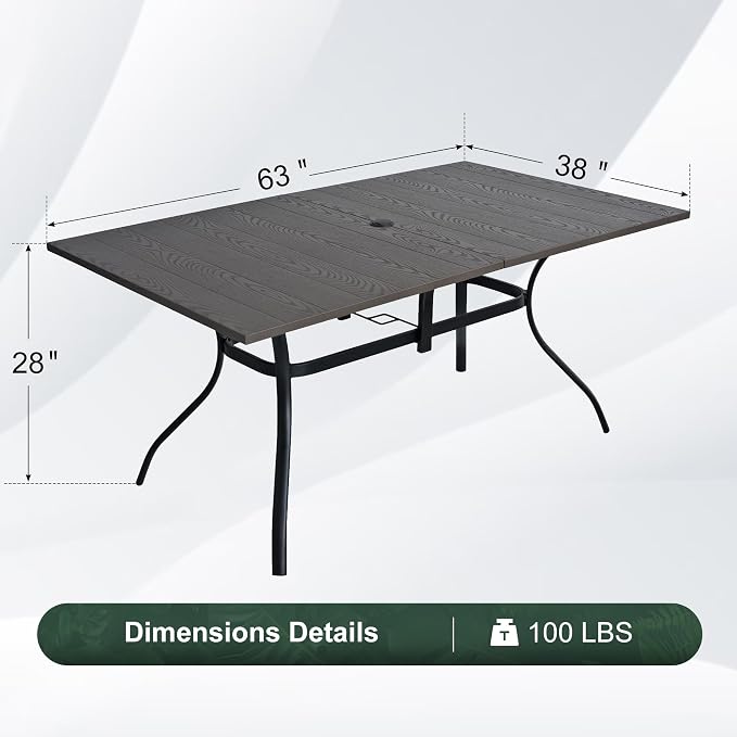 Patio Dining Table for 6,Large Rectangle Outdoor Table with Adjustable Umbrella Hole,63"x 38"x 28",Brown