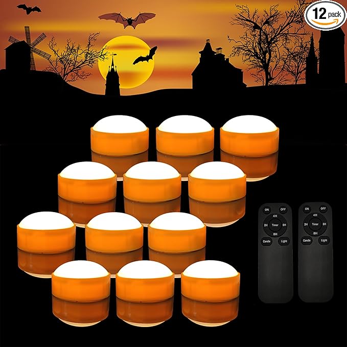 12 Pack Halloween Pumpkin Lights with Remote / Timer, Bright Flickering Battery Operated LED Light Flameless Candle Set for Pumpkin Décor Jack-O-Lantern Halloween Party Home Decorations, Orange Color
