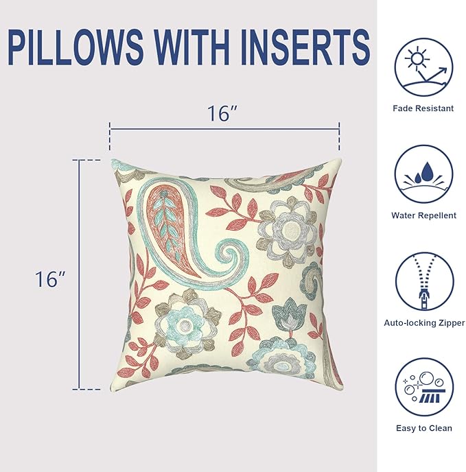 Outdoor Throw Pillows 16x16 Inch, Water Repellent Patio Pillows with Inners Set of 2 for Patio Furniture Home Graden, Paisley Vintage