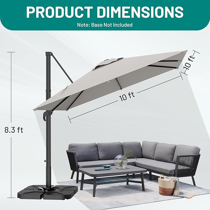 AreShark 10 X 10 FT Cantilever Patio Umbrella, 360-Degree Rotation Square Hanging Offset Umbrella with Crank, Heavy Duty Patio Umbrella for Patio, Pool, Garden, Deck, Light Grey