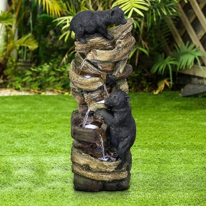 39.3 Inch 5 Tier Outdoor Garden Water Fountain Bears Climbing Tree Resin Fountain with LED Lights for Garden Patio Folding Patio Deck (Brown)