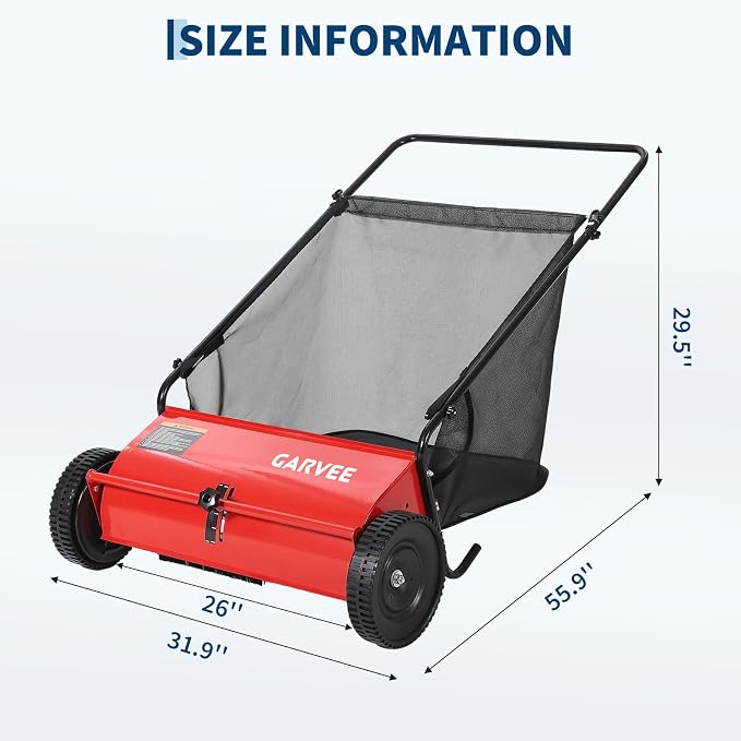 Push Lawn Sweeper 26Inch-Heavy Duty Walk Behind Leaf Collector and Yard Sweeper for Outdoor,Patio,Driveway,Garden Grass Sweepers,4 High Speed Spinning Brush,7 Cu. ft. Hopper Capacity