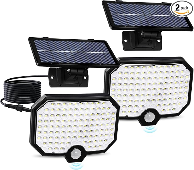 Solar Lights Outdoor Waterproof Motion Sensor Outdoor Flood Lights with 16.5ft Cable,120°Wide Angle Dusk to Dawn Solar Security Split Lights for Yard Garage Porch Shed Barn,LED 6500K,2 Pack