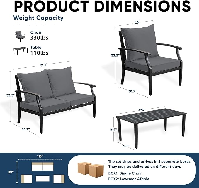 4-Piece Patio Conversation Set,Oversized Outdoor Metal Furniture Set with Table and Loveseat,Removable and Washable Deep Seating Cushions,High Backrest for Porch Poolside Deck,Grey