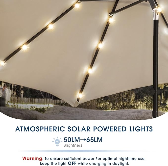 wikiwiki 10FT Solar Led Patio Umbrella with Base Included, 32 LED Lights, 8 Sturdy Ribs, Fade Resistant Waterproof POLYESTER DTY Canopy for Garden, Lawn, Deck, Backyard & Pool, Beige