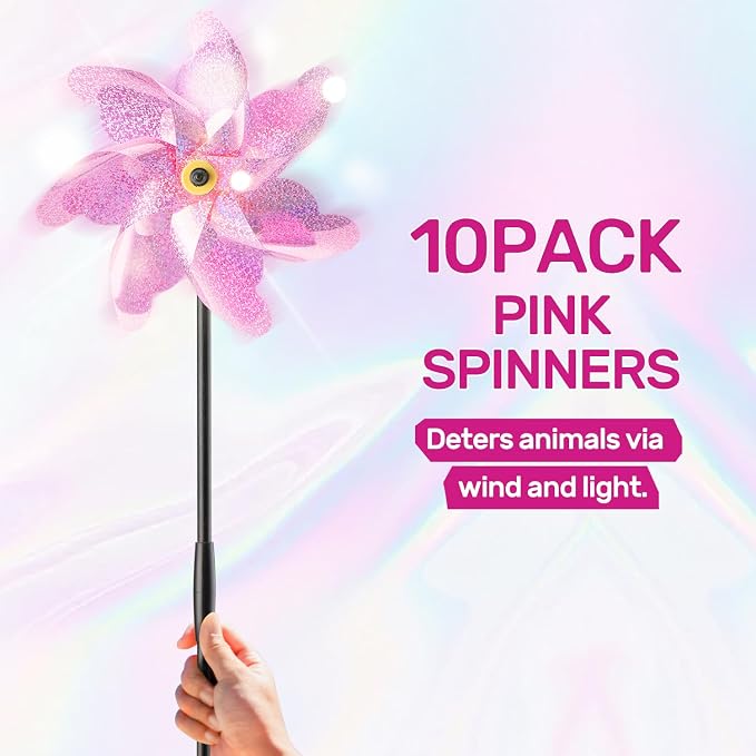 BATTIFE Preassembled Reflective Pinwheels for Yard & Garden, Pink, 10 Pack | Sparkly Reflective Material Spinner, Spins Best in Steady Wind, Animal-Deterrent Results Vary by Placement and Conditions