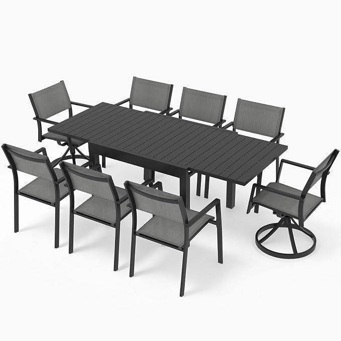 9-Piece Extendable Patio Dining Set, Never-Rust Aluminum Outdoor Dining Set with 2 Swivel Chairs, Expandable Outdoor Dining Table and 6 Stackable Dining Chairs for Porch, Lawn, Garden, Black