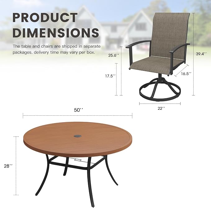 7 Pieces Round Patio Dining Set, Outdoor Furniture of 50" Round Patio Table and Patio Swivel Chairs for Backyard Lawn Garden, Walnut Table and Mixed Brown Chairs