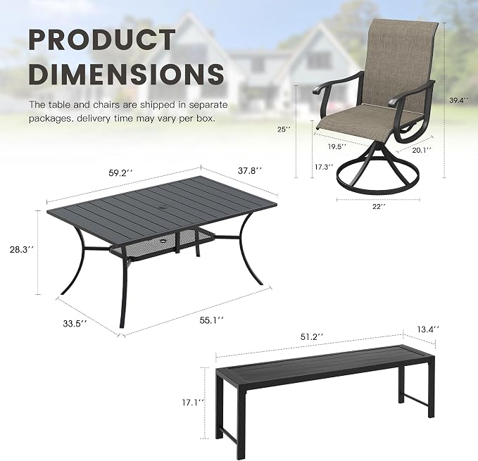 6 Pieces Outdoor Dining Set, Patio Table and Chairs Set with 51" Garden Bench for 6-7 People, 59.2" Outdoor Dining Table and Swivel Patio Chairs for Deck Backyard, Mixed Brown and Black