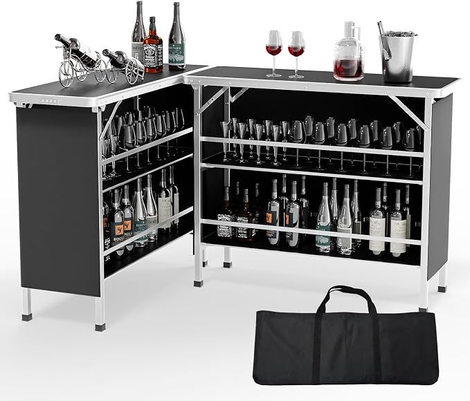 VINGLI 43" Portable Bar Table, 3-Tier Shelves, Carry Bag，Mobile Bar Table for Events, Party, Camping, Picnic, Tradeshow, Outdoor & Indoor with Black Skirt(2, 43") (2) (Black-2P, 43")
