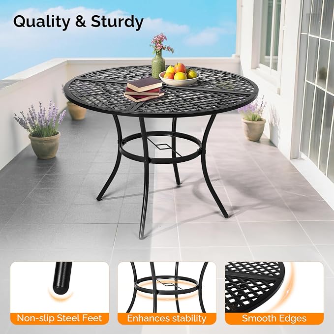 VINGLI 42" Round Outdoor Dining Table with Patio Umbrella - Heavy-Duty Iron Patio Table with Push-Button Umbrella for Patio, Deck, Backyard (Table with Umbrella)