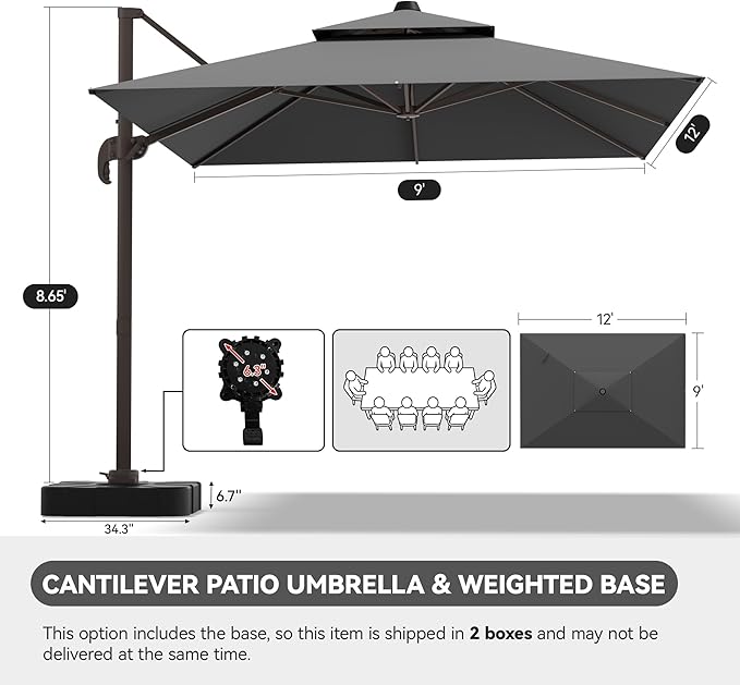GENTEACO 9x12FT Cantilever Patio Umbrella with Base Included, Double Top Rectangle Offset Umbrella 7 Angle Tilts & 360° Rotation, Large Heavy Duty Outdoor Sun Umbrella for Pool Market, Grey