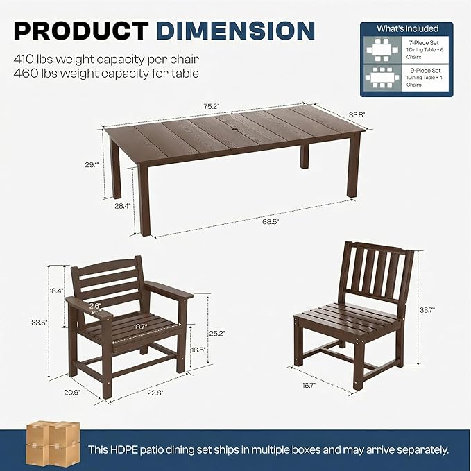 7-Piece Outdoor Dining Set for 6, 75.2" HDPE Patio Table with Umbrella Hole & 6 Chairs, Weather-Resistant Wood-Look Patio Furniture for Garden, Lawn, Deck, or Poolside (Brown)