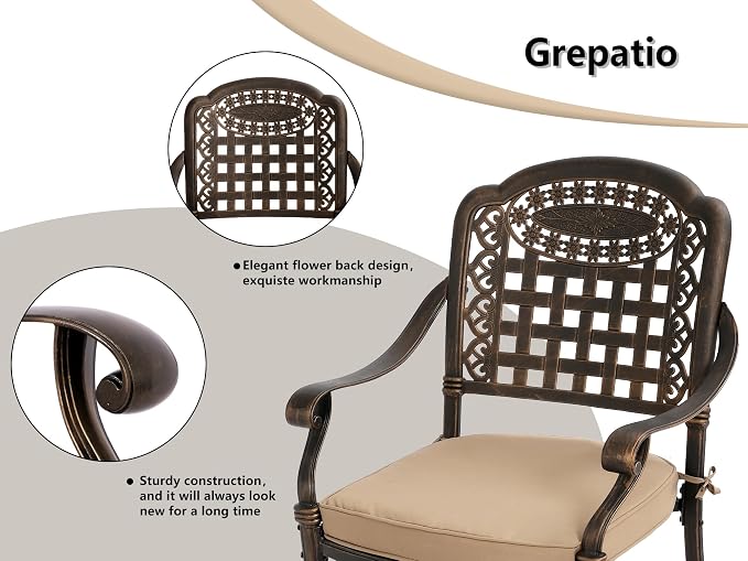 Grepatio 7 Piece Cast Aluminum Patio Dining Set, Outdoor Dining Furniture Set, Patio Table with Umbrella Hole and 6 Dining Chairs with 6 Cushions for Poolside Garden (Khaki Grid)