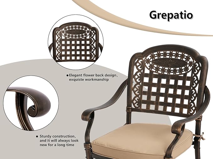 Grepatio 7 Piece Patio Dining Set Outdoor Dining Set Cast Aluminum Furniture Set with 4 Patio Chairs&2 Swivel Chairs and Dining Table for Backyard Garden Deck Poolside (Grid Khaki)