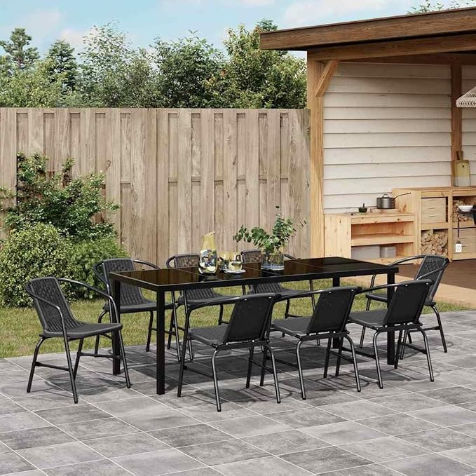 9-Piece Outdoor Dining Set, Black Powder-Coated Steel Patio Furniture, Rectangular Table and 8 Comfortable Garden Chairs for Backyard Hosting
