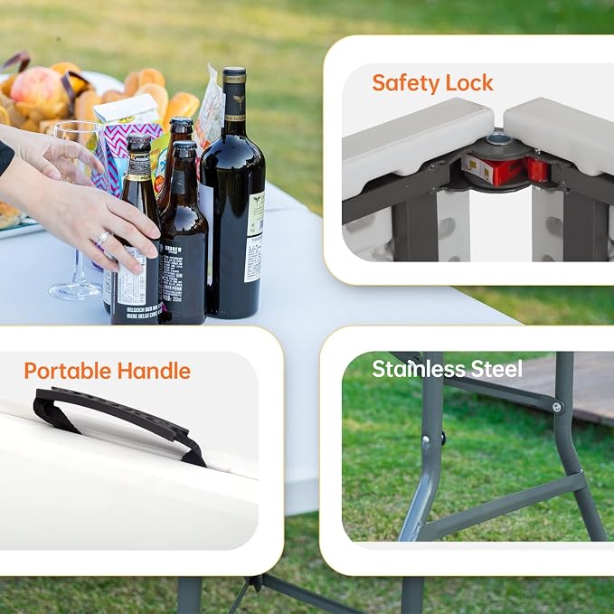 Folding Tables 8Ft Outdoor Dining Table, Portable Picnic Table Fold Up Lightweight Party Tables, 8 Foot Folding Table Outdoor Camping Table, Mesas Para Fiestas Beach Table Camp Table Outdoor Tables