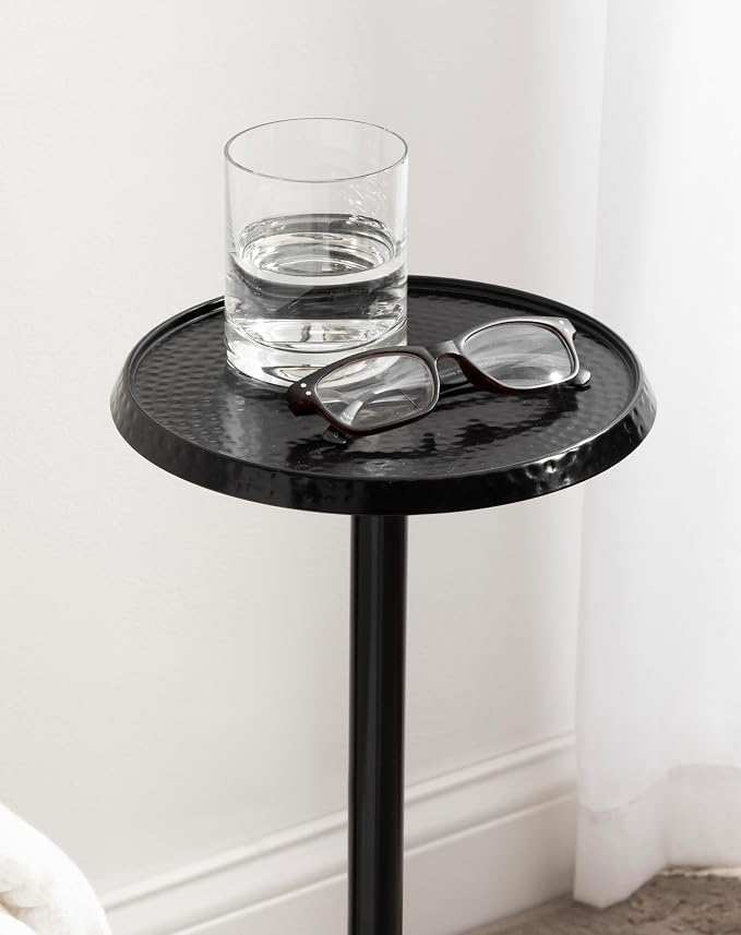 Kate and Laurel Sanzo Modern Pedestal Outdoor Drink Table; 9 x 9 x 23; Black; Decorative Outdoor Patio Table for Deck with Hammered Tabletop for Use as Small Plant Stand or Living Room Martini Table