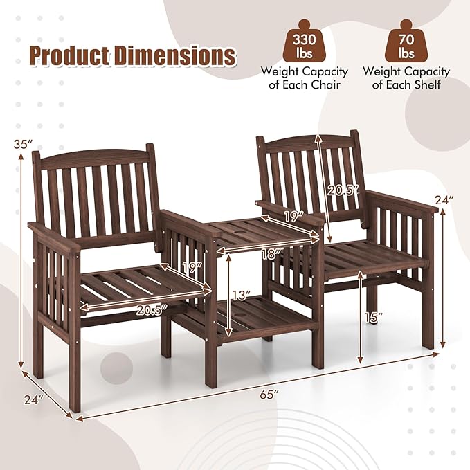 Tangkula Outdoor Fir Wood Loveseat with 2-Tier Side Table and Umbrella Hole, 2-Seater Patio Garden Bench with Armrests and Slatted Seats, Outdoor Table and Chairs Set for Porch and Balcony
