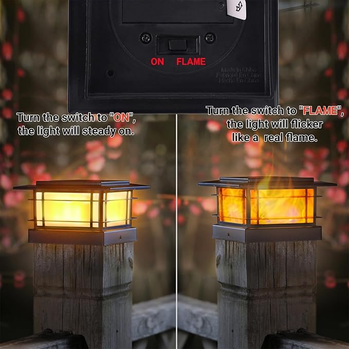 Dynaming 4x4 Solar Post Cap Lights Outdoor with Flickering Flame Light, 2 Pack Black Shell Fence Post Solar Lights Fit 4x4 Vinyl/Wooden Posts, Brightness LED Lighting Decor for Garden Deck Patio