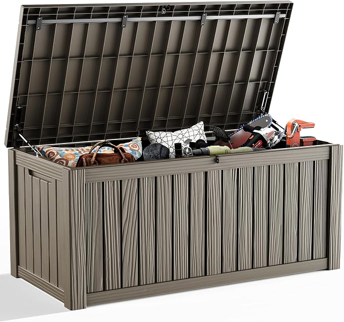 Deck Box Large Outdoor Storage for Patio Furniture,Outdoor Cushions,Garden Tools and Pool Supplies,Waterproof,Resin,Lockable (Grey, 150 Gallon)