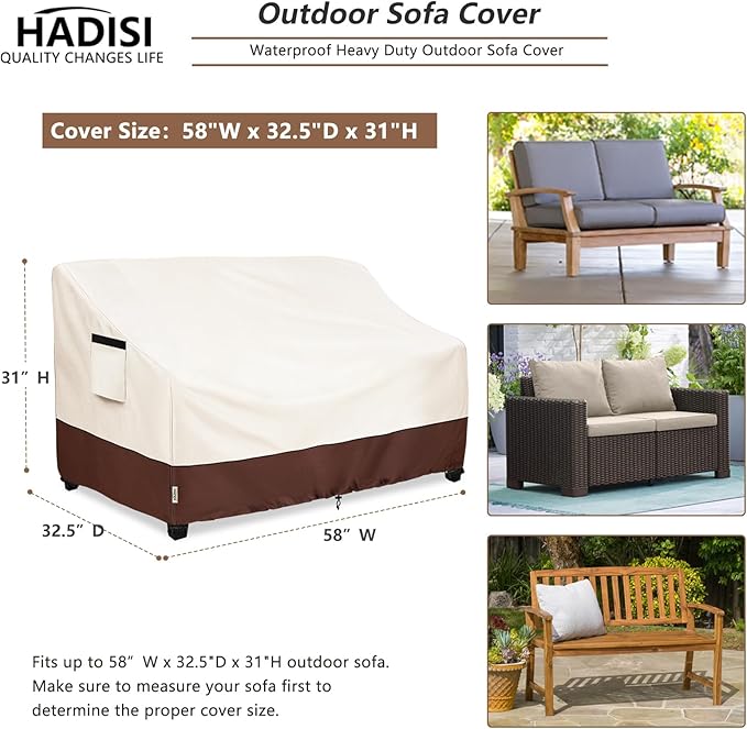 2-Seater Heavy Duty Patio Bench Loveseat Cover,100% Waterproof Outdoor Sofa Cover 58" W x 32.5" D x 31" H,Patio Furniture Couch Covers(Beige)