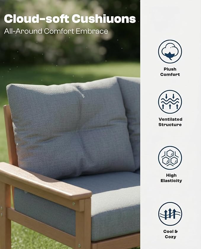 3 Piece HDPE Outdoor Patio Furniture Set, All-Weather 2 Armchairs with Side Table, Patio Conversation Set with Washable Thick Cushion for Balcony/Porch/Backyard, Teak